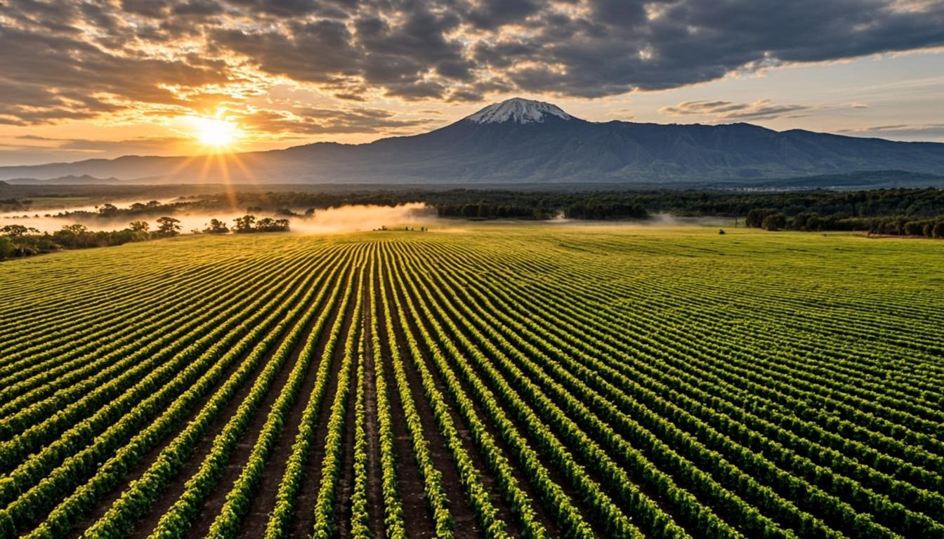 Plantation Wema Agro au lever du soleil avec le Mont Kilimandjaro en Tanzanie