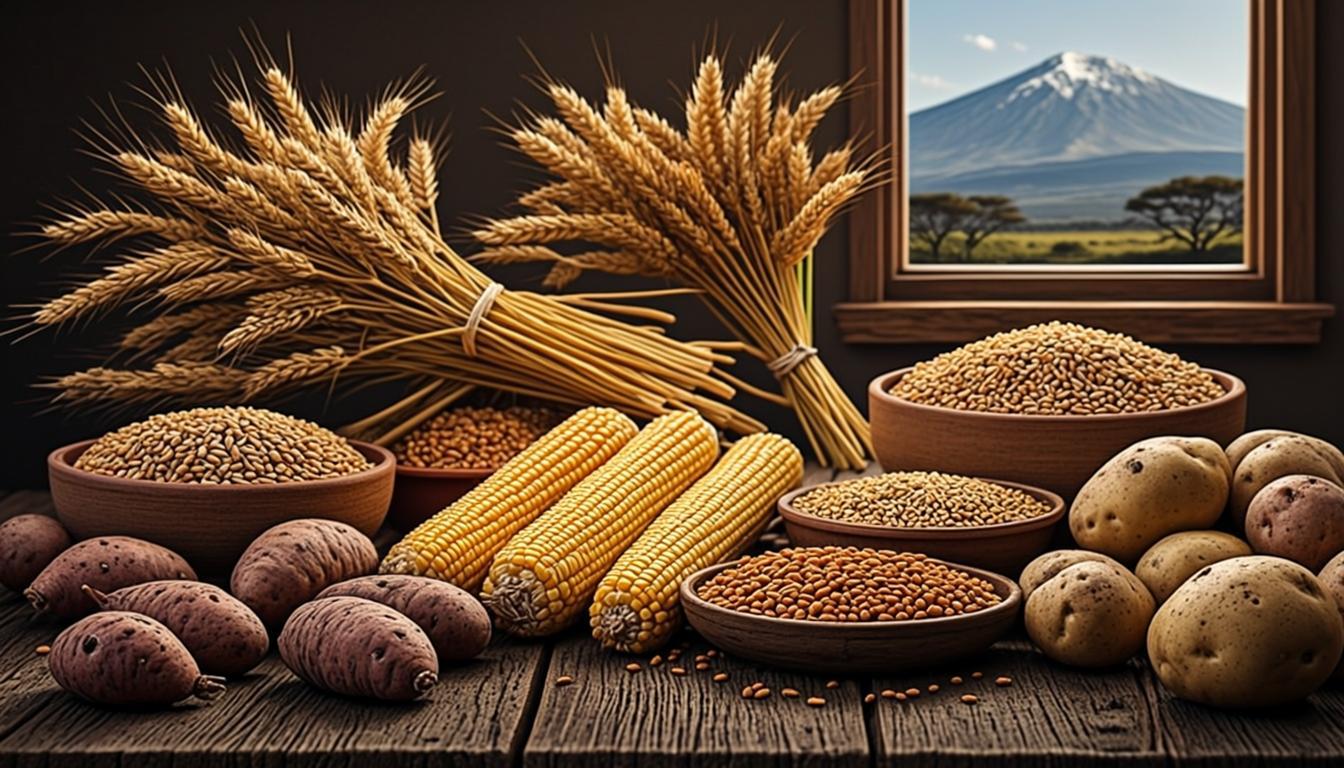 Récolte prestigieuse de céréales et tubercules tanzaniens - maïs, manioc, sorgho, ignames