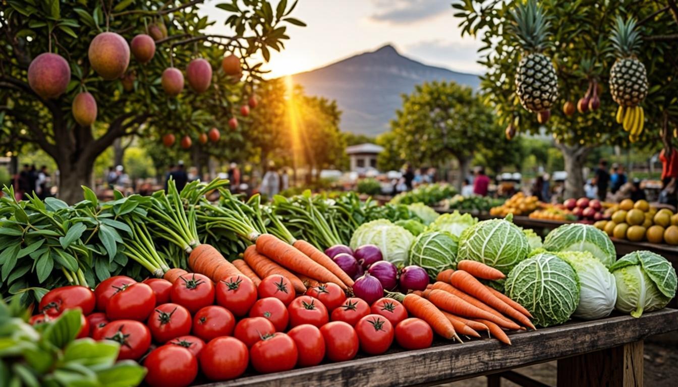 Jardin maraîcher luxuriant et vergers de Tanzanie - tomates, agrumes, mangues