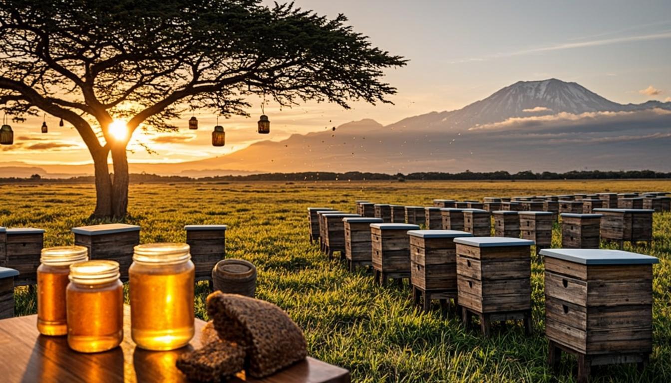 Rucher Wema Agro en Tanzanie au coucher du soleil - production de miel pur et premium