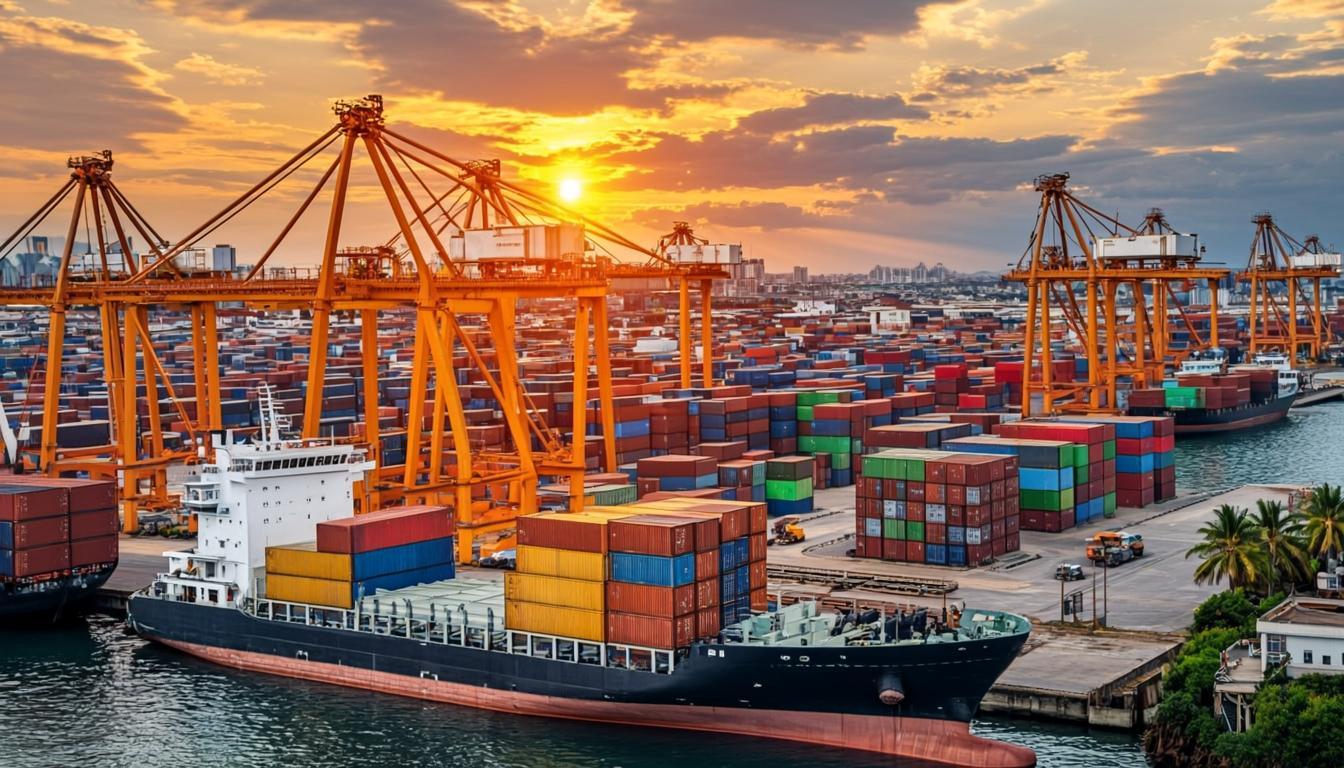 Port international d'exportation avec porte-conteneurs géants et routes maritimes mondiales